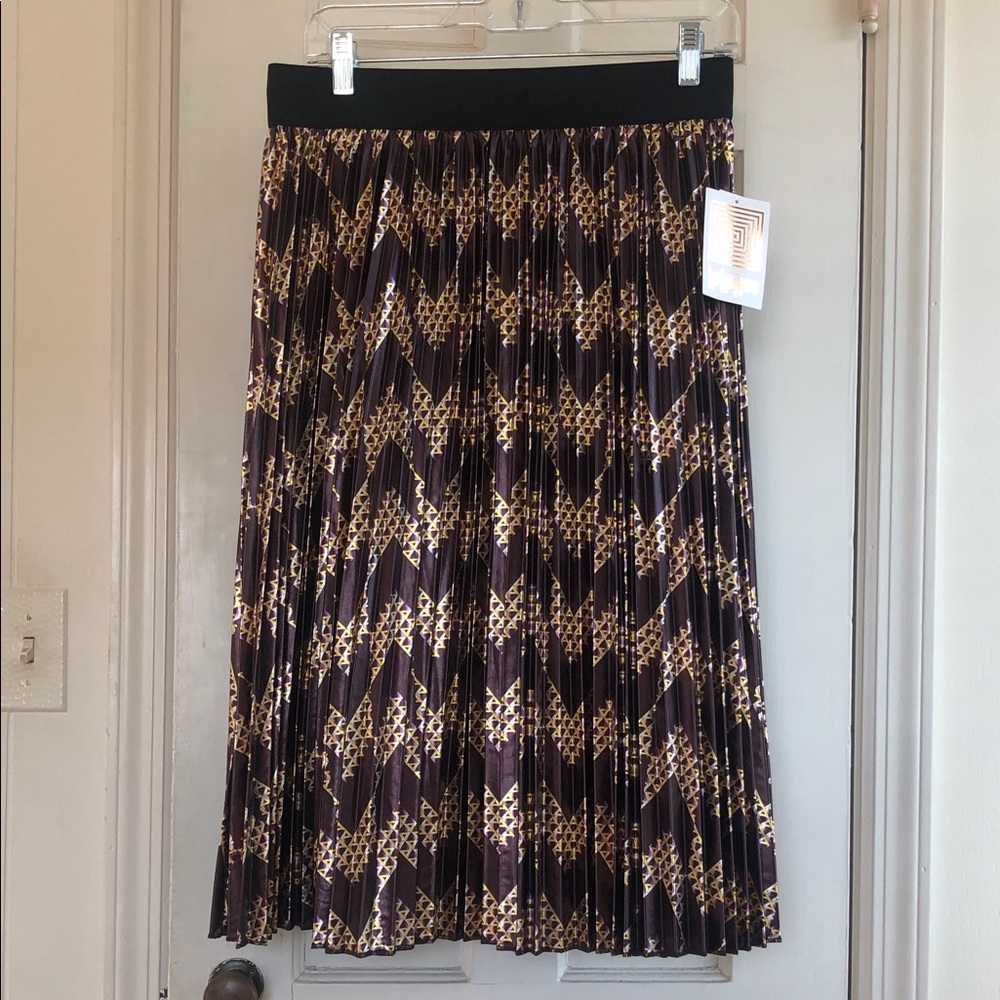 LuLaRoe Pleated Jill Midi Skirt Deep Purple  and Gold Geometric